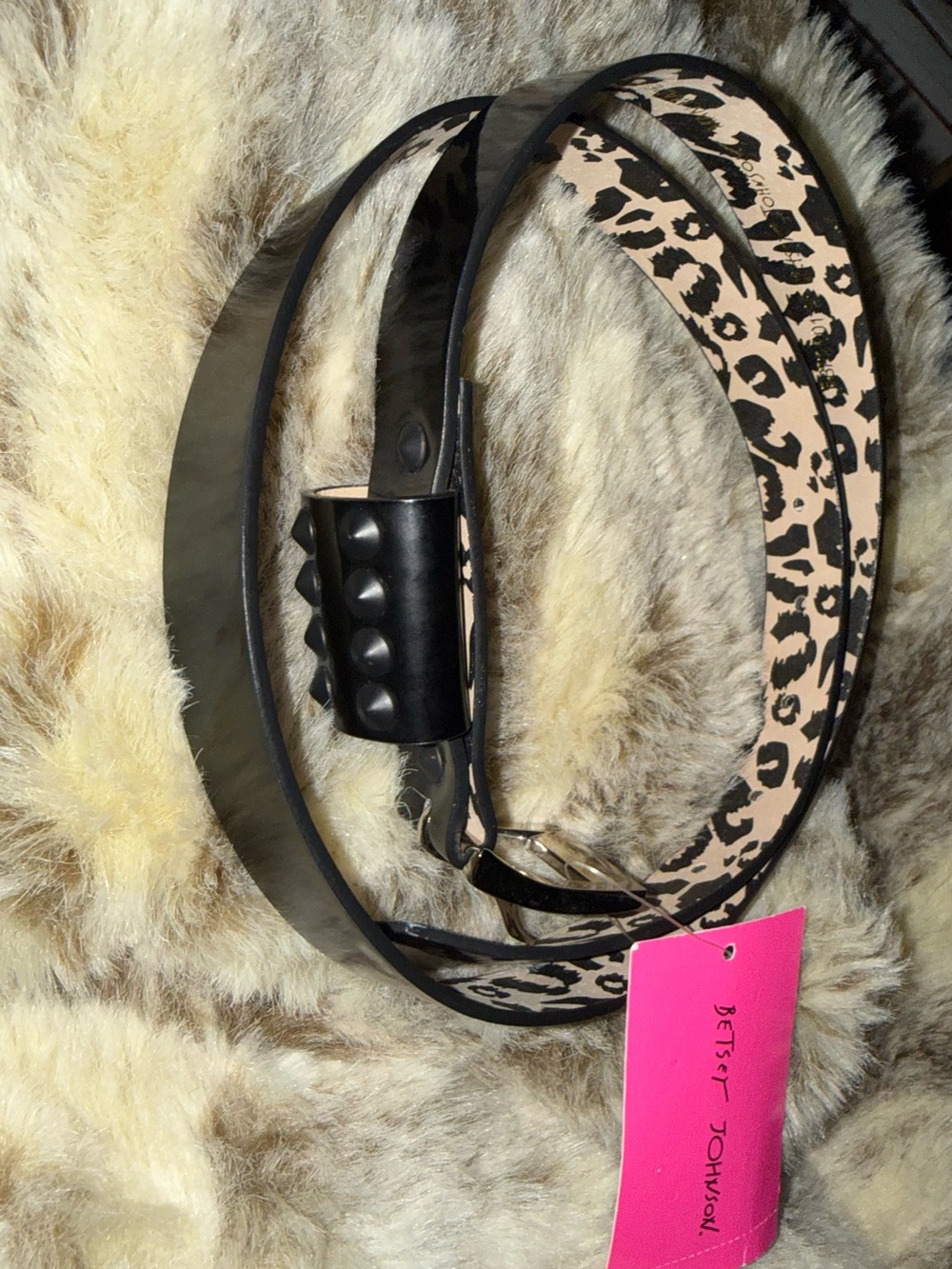 Betsey Johnson Black Belt with Leopard-Print Lining and Studded Detail